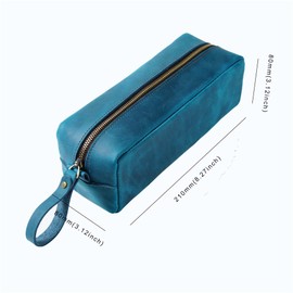 AIGUONIU Pen Case Leather Pouch, Crazy Horse Cowhide Leather Zipper Pencil Case Leather, Portable Pen Bag Pouch Leather Cosmetic Case (Blue)
