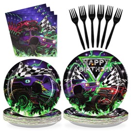 96Pcs Monster Truck Birthday Decorations Green Purple Monster Truck Party Plates Disposable 350GSM Monster Truck Tableware Set for Kids Boys Monster Jam Birthday Monster Truck Theme Party, Serves 24