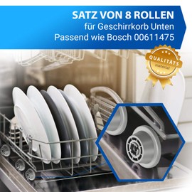 VIOKS 8 x Basket Wheels Set Dishwasher Wheels Replacement for Bosch 00611475 Siemens 611475 Küppersbusch 436718 Lower Basket Wheels with Roll Holder for Lower Basket Dishwasher Dishwasher