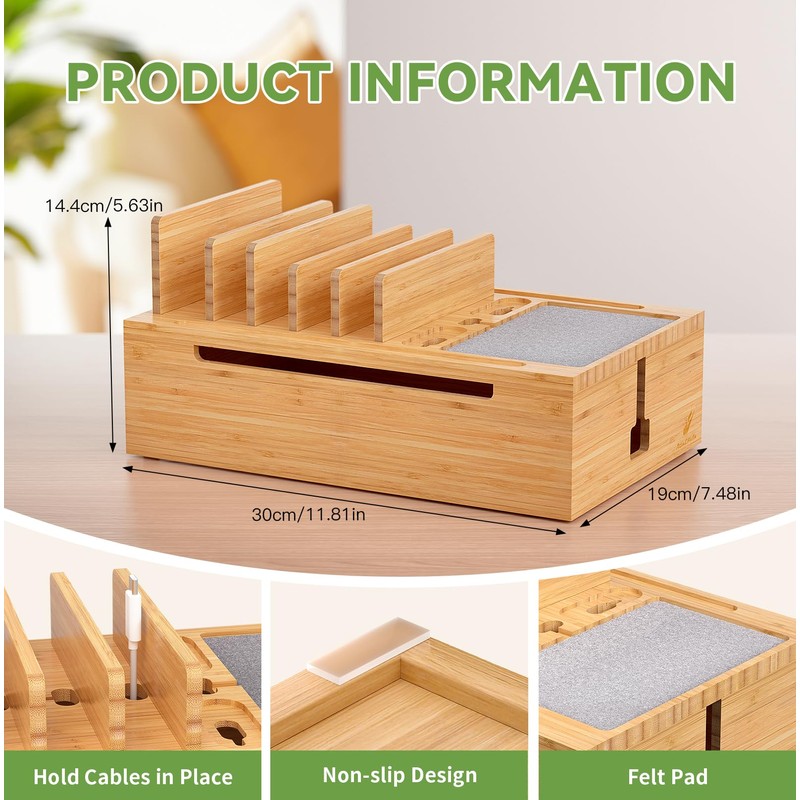 Pezin & Hulin Bamboo Charging Station, Electronic Devices Organizer for
