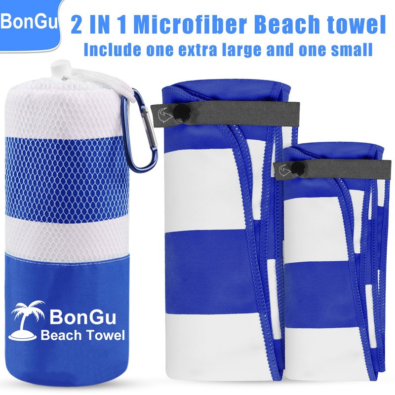 BonGu 2 Pack Beach Towel Set 180x80cm & 60x38cm Microfiber