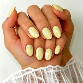 SXVME Uñas postizas cortas ovaladas de cromo amarillo mate, 32 piezas de uñas postizas gruesas y bonitas con acabado brillante y diseño de espejo, uña