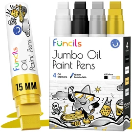 Funcils 15mm Jumbo Oil Based Paint Markers - Oil Paint Pens for Metal, Automotive Tire, Glass, Plastic, Fabric, Wood, Touch up - Waterproof Permanent Metallic Silver, Gold, White, Black Color (4 Pack)
