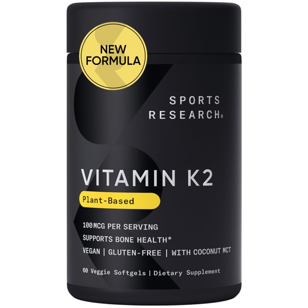 Sports Research Vitamin K2 as MK-7 100mcg with Coconut MCT Oil - 60 Veggie Softgels (2 Month Supply) Vegan Certified, Non-GMO Verified, Gluten & Soy Free - Citrus Aroma