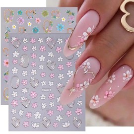 4 Sheets Valentine's Day Nail Stickers Decals - 3D Floral Nail Decals Valentine's Nail Art Stickers with Oil Painting Sunflower Small Pink White Flower Design Nail Supplies Stickers for Women Girls
