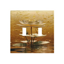 Xuejiaku Decorative Light Switch Cover Plate Golden Lotus White Flower Water Drop Green Leaf 2 Gang Wall Plate Cover Double Toggle Switch Plate Covers Electric Dual Device Electrical Faceplate