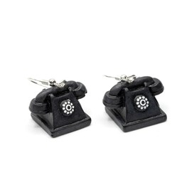 Miniblings Telephone Earrings Telephone Earrings with Dial Handset Retro Black Handmade Fashion Jewellery I Earrings Silver Plated, Resin