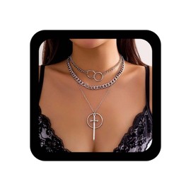 YienDoo Punk Layered Dagger Knife Choker Necklace Silver Vintage Sword Cross Pendant Necklace Gothic Matching Sword Through Circle Necklaces Multilayer Chunky Cuban Chain Necklaces Jewelry for Women