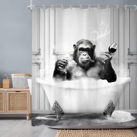 Newsely Funny Monkey Shower Curtain 60Wx72H Inch Chimpanzee in Bathtub Black White Animal Wildlife Boys Men Shower Curtain Bathroom Set Modern Cool Waterproof Bath Decoration Accessories Home Decor