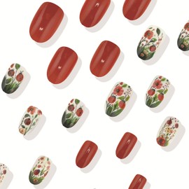 Almond Press on Nails Medium Length Fake Nails Flower Stick on Nails with Cute Ladybug Design Spring Acrylic Glue on Nails Red Green False Nails Reusable Full Cover Artificial Nails Kit for Women