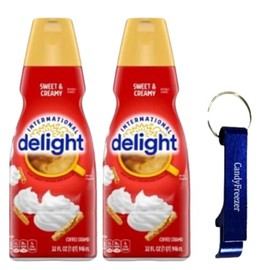 International-Delight Liquid Coffee Creamer.- Two (2) 32 fl oz Bottles of Creamy Smooth Delightful Coffee Creamer and Candy Freezer Bottle Opener Keychain (Sweet & Creamy) - Keychain
