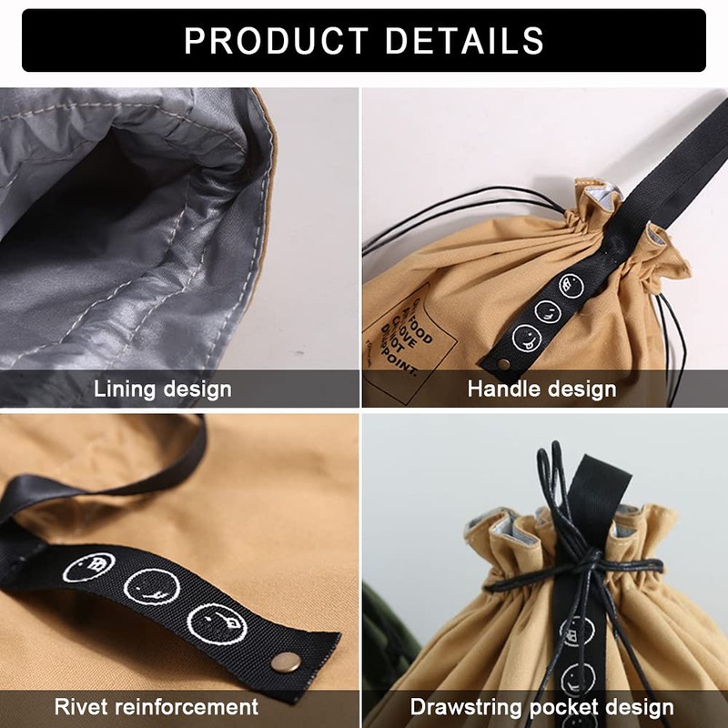 LELE LIFE Canvas Insulated Lunch Bag with Drawstring Closure, Wide-Open