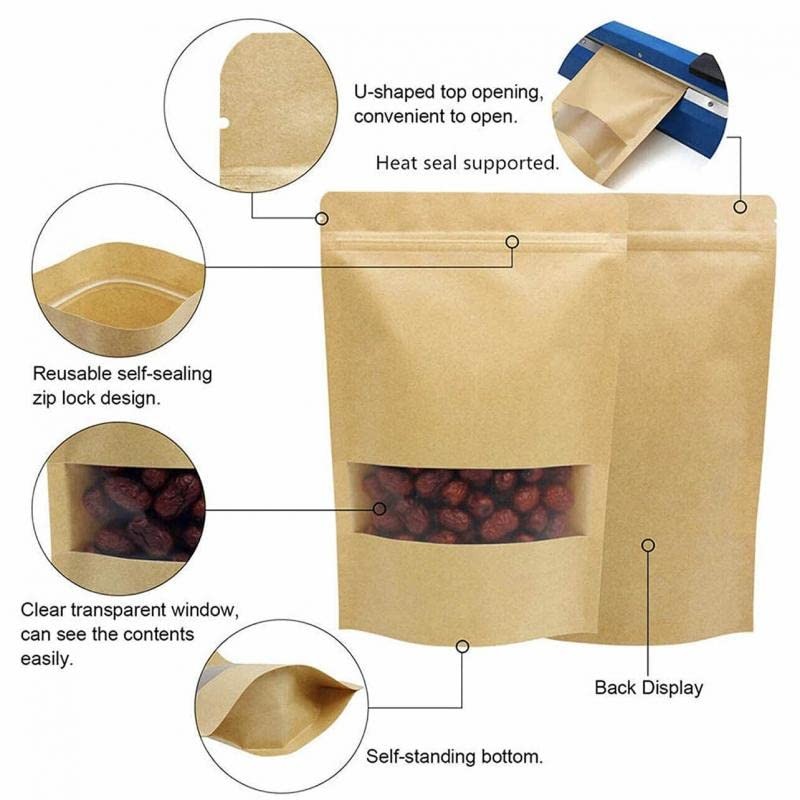 10-200x Stand Up Bag Kraft Paper Seal Packaging Window Zip
