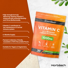 Vitamin C Tablets 1000mg | 180 Tablets | Complex Supplement with Rosehip and Bioflavonoids | Vegan and Vegetarian Friendly | by Horbaach