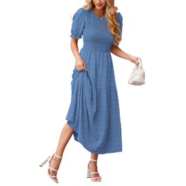 dowerme Womens Summer Dresses 2025 Casual Puff Short Sleeve Crewneck Smocked Flowy Ruffle Boho Beach Party Maxi Sundress(Grey Blue,Small)