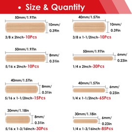 smseace 255Pcs Wooden Dowel Pins - 8 Sizes 1/4Inch 5/16Inch 3/8Inch Fluted Wooden Dowel Kit for Crafts, Furniture, Door, DIY