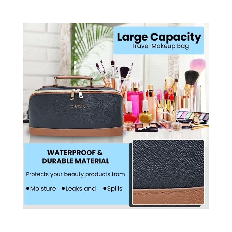 Premium Travel Makeup Bag, Large Cosmetic Case with Handle, (Black)