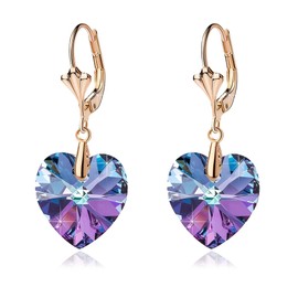 Austrian Crystal Heart Drop Leverback Earrings for Women Fashion Dangle Earring 14K Rose Gold Plated Hypoallergenic Jewelry (Vitrail Light)