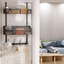 Upesitom Over Door Hook Organizer 12 Hook Over The Door Organizer with 2 Mesh Baskets - Back of Door Storage Towel Rack Space Saving Storage Organizer for Bedroom, Bathroom, Kitchen, Pantry, Black