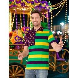 Men's Mardi Gras Striped Polo Shirt Fleur De Lis Flag Purple Gold Green Rugby Golf Costume, Mardi Gras Flag, Large
