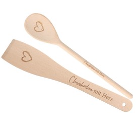 Spruchreif 2 Piece Set: Cooking Spoon and Spatula with Engraving "Chaosköchin mit Herz" | Wooden Cooking Spoon | Wooden Spatula | Kitchen Aid | Gift Mum Grandma | Gift Women | Chef