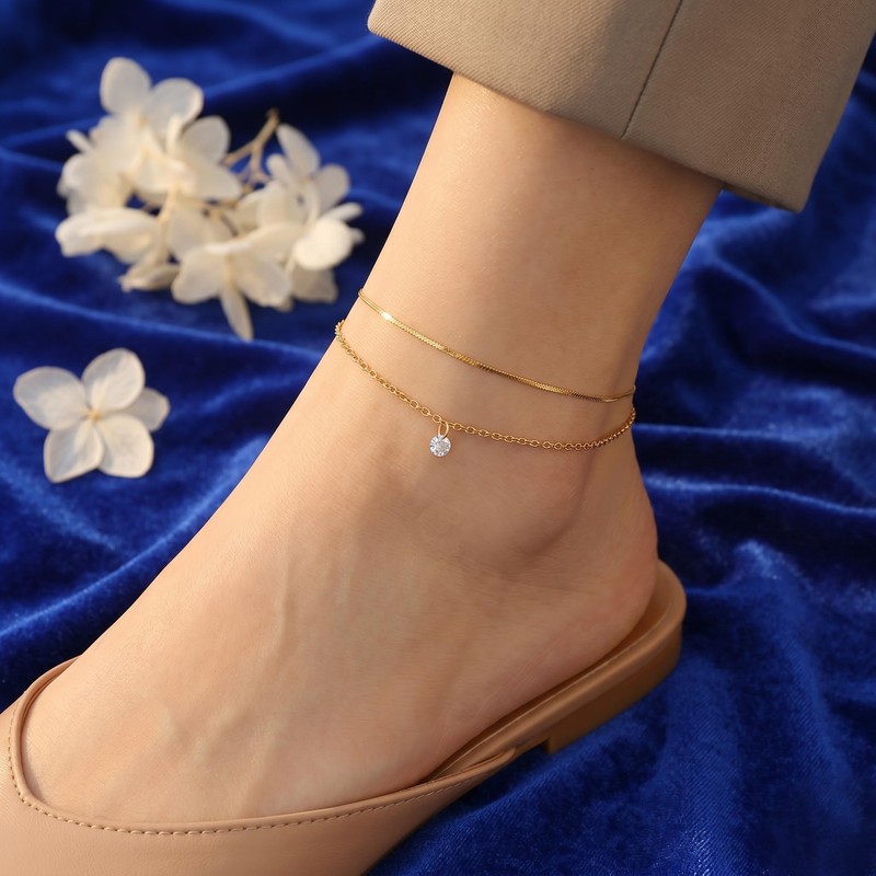 AURILYS Layered Anklet for Women, 18K Gold Plated Stainless Steel