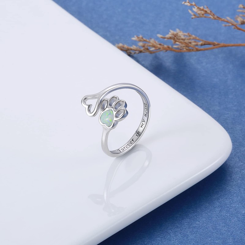 Opal Pet Lovers Paw Print Ring Heart 925 Sterling Silver