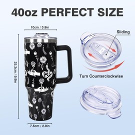 LLZTWOWD 40oz Tumbler with Handle and Straw Stainless Steel Water Bottle Double Wall Vacuum Reusable Goth Travel Mug Hot or Cold Gothic Cup Gift for Man/Woman (Snake and Rose)