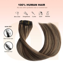 Blonde Highlights Clip in Hair Extensions, OiMiGO Natural Blonde Human Hair Extensions Chestnut Brown and Bleach Blonde Invisible Clips 7 Pcs 15 Inch 70g Straight Remy Human Hair Clip on Extension