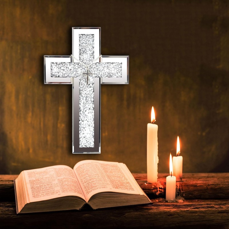 GIMORRTO Mirrored Cross Wall Decor - Crushed Diamond-Embedded Glass Mirror