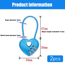 3 Digit Cable Combination Lock, 2 Pcs Heart Shape Cable Lock with Combination 4.3" Steel Rope for Gym Bikes Cabinets Wardrobes Small Fences, Blue