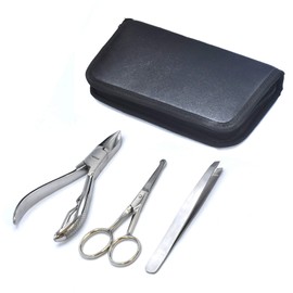 AAProTools Men Grooming Kit Pouch- Luxury 3 Piece Set Travel Set Toe Nail Cutter, Safety Ear & Nose Hair Moustache Scissors, Slant Tweezers for Professionals or Home