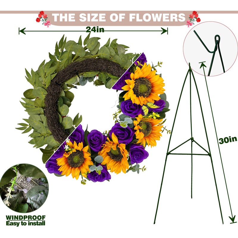 SUHOOKOO Cemetery Wreaths for Grave Decoration,Golden Sunflower and Purple Rose,