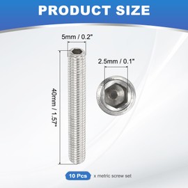 PATIKIL 10 Pcs Hex Socket Grub Screw, M5x40mm Flat Point Grub Bolt 304 Stainless Steel Head Socket Set Screws for Door Handles Light Fixture Repair