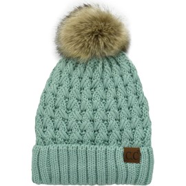C.C Beanie Women’s Thick Cable Knit Faux Fuzzy Fur Pom Lattice Crossover Fleece Lined Skull Cap Cuff Beanie Mint