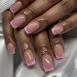 Pink French Tips Press on Nails Short Square Fake Nails with Designs Glossy Skintones Reusable Stick on Nails Full Cover False Nail Artificial Summer Glue on Nail for Women Girls Manicure 24Pcs