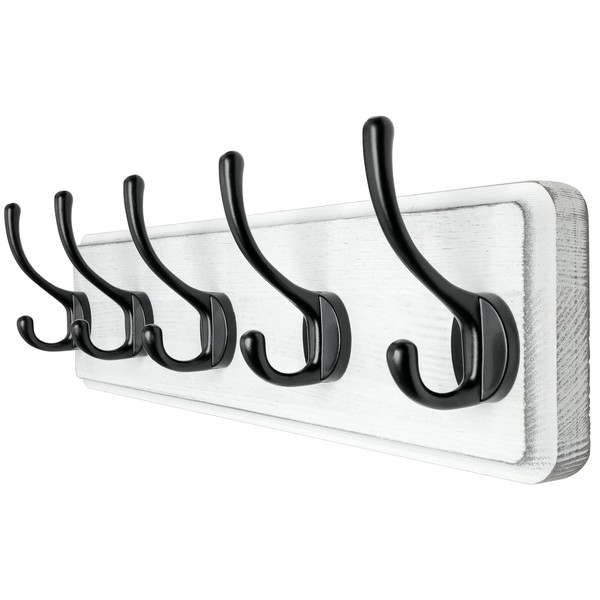 Dseap Wall Mounted Coat Rack with Five Hooks - Sturdy Wooden Wall Coat Rack Hook Rack for Clothes Hat Jacket Coat White