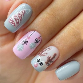 Christmas French Tip Press on Nails Short Square Fake Nails with Cute Christmas Tree Elk Design Pink Glitter False Nails Xmas Winter Glue on Nails Pink Artificial Stick on Nails for Women Girls 24Pcs