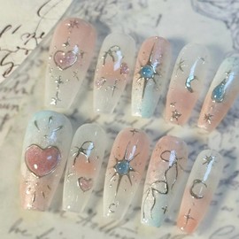 Pink Press on Nails Long Square Fake Nails 3D Heart Sun Water Droplet Designs Glitter Acrylic False Nails Silvery Star Moon Glue on Nails Cute Bow Stick on Nails for Women Girls Manicure 24Pcs