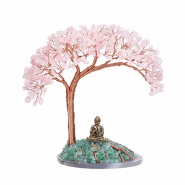 GEHECRST Feng Shui Money Tree Buddha Figure Tree of Life Decoration with Agate Base Healing Stone Lucky Charm Tree Tumbled Stones Lucky Tree Decoration for Wealth Happiness Health (Rose Quartz)