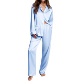 Ekouaer Womens Pajama Sets Satin Silk Pjs Classic Button Down Sleepwear Soft Long Sleeve Lounge Sets Clear Blue M