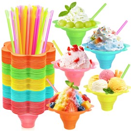 Haayeicai Colorful Flower Plastic Shaved Ice Cups, 200 Pcs 8 oz Snow Cone Cups with Spoon Straws, Reusable Ice Cream Snack Small Bowls for Summer, Birthday, Holiday, Party (5 Colors)