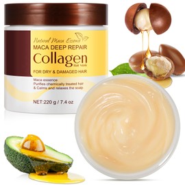 Kollagen Haarmaske 220g, Maca Essenz Arganöl Haarpflege, Tiefenreparatur Kollagen Haarmaske, Starke Feuchtigkeitspflege und Glättung, Für Alle Haartypen