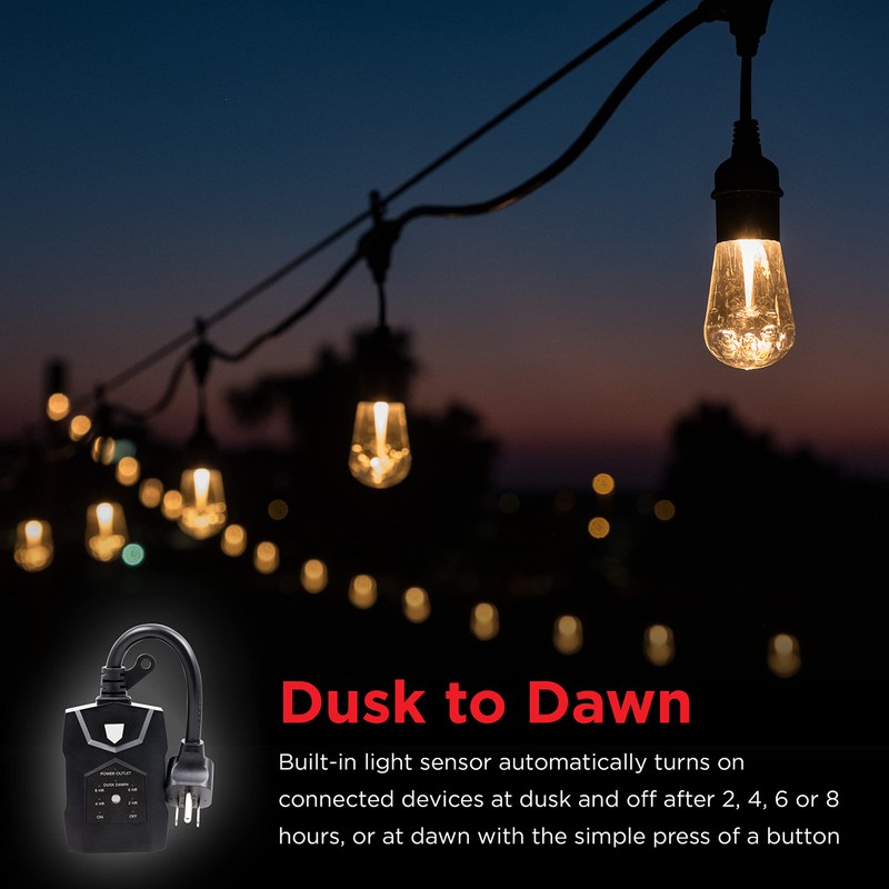 UltraPro Outdoor Outlet, Dusk-to-Dawn Sensor, Dual Outlet, 8/6/4/2hr Countdown, Weather-Resistant,