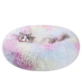 Round Calming Dog & Cat Bed, Anti-Anxiety Donut Cuddler Warming Cozy Soft Round Bed, Fluffy Faux Fur Plush Cushion Bed, Washable Soft Warm Pet Bed with Non-Slip Bottom (Color, XS(20*20*6in))