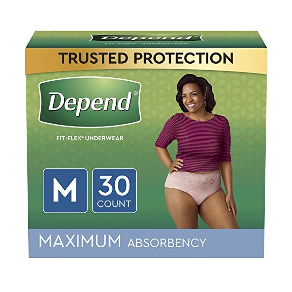 Depend Fit-Flex Adult Incontinence Underwear for Women, Disposable, Maximum Absorbency, Medium, Blush, 30 Count