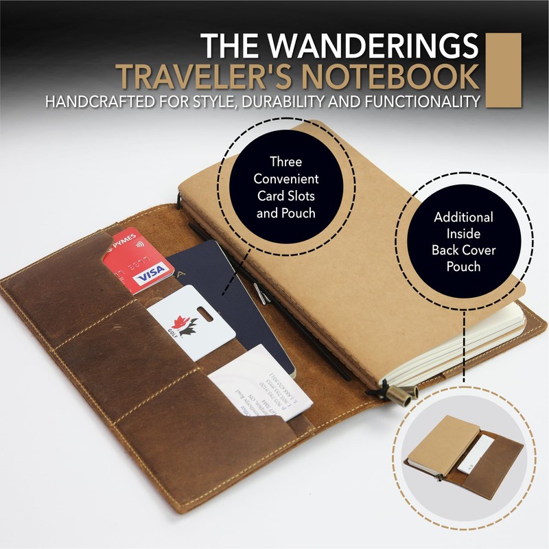 WANDERINGS Leather Notebook with Pockets, 22x11.5cm - Refillable Travel Journal