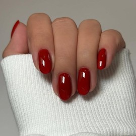 Red Press on Nails Short Oval, SXVME Solid Color Acrylic Fake Nail Short Round, Cherry Red False Nail Press ons Handmade of Gel, Natural Full Cover Glue on Nails For Women Daily Wear 24Pcs