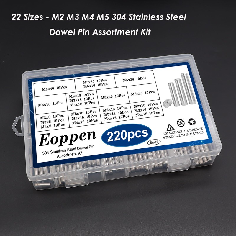 Eoppen 220Pcs 304 Stainless Steel Dowel Pin - 22 Sizes