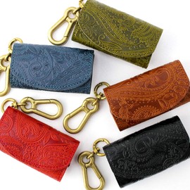 VINCENT CRAFTED Made in Japan Tochigi Leather Paisley Carabiner Key Case & Coin Purse PAOLO Key Holder Women Smart Key Case Coin Purse Men's Key Ring, red